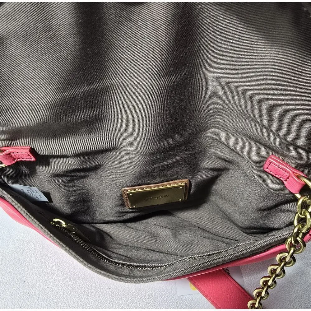 J. Crew Hot Pink Leather Invitation Bag Clutch Envelope Shoulder Purse w/Chain